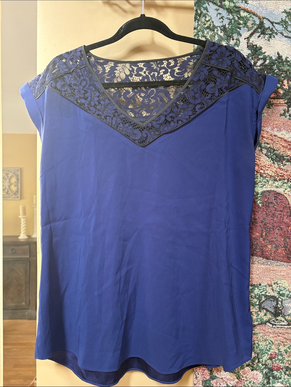 Express Lace Yoke Cap Sleeve Women's Top - Blue size Large